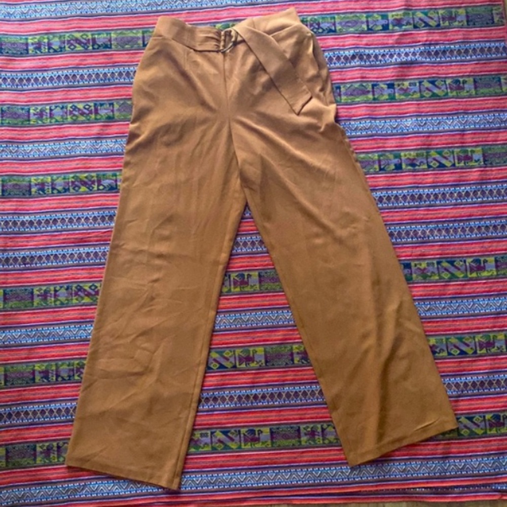Cato High Waist Wide Leg Dress Pants with Bronze Colored Sash 2 Deep Pockets MED